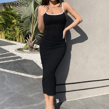 Купить Long Dress Women Sleeveless Sexy Cotton V-Neck Spaghetti Strap Backless Mid-Calf Party Bodycon Dresses 2022 Summer New