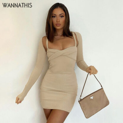 Купить Solid 2022 Summer Dresses Women Removable Long Sleeve Sexy Bodycon Mini Party Dress Skinny Eleagnt Fashion Dress Women