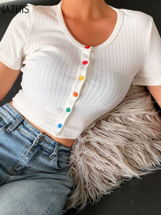 Купить O-Neck Short Sleeve Button Ribbed Knitted Cropped Shirts Women Summer New Casual Solid Color Slim Crop Tops Ladies