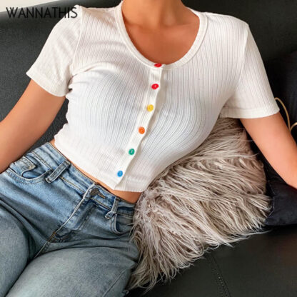 Купить O-Neck Short Sleeve Button Ribbed Knitted Cropped Shirts Women Summer New Casual Solid Color Slim Crop Tops Ladies