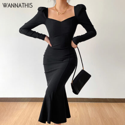 Купить Knitted Women Dress Long Sleeve Square Collar Sexy Ruffle Hem Office Lady Elegant Black Fashion Maxi Robe Female 2022