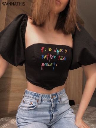 Купить Puff Sleeve Crop Tops Women Y2K Square Collar Vintage Embroidery Corset Sexy White Fashion Casual Chic Female Top 2022