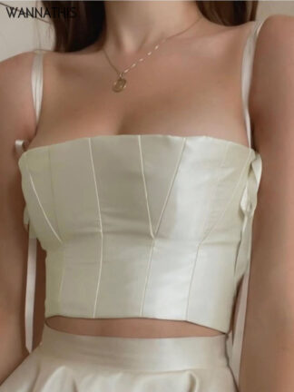 Купить Satin Women Bandage Crop Corset Backless Sleeveless Summer White Sexy Streetwear Slim Vintage Aesthetic Tops Clothing