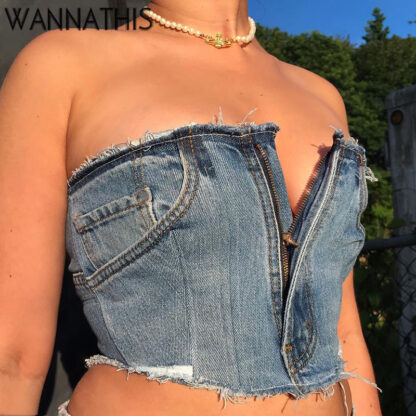 Купить Denim Zipper Tube Backless Tops For Women Lace Up Criss Pocket Sleeveless Fashion Summer Sexy E-Girl Cropped Top 2022