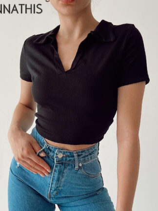 Купить Short Sleeve Crop Top Women Casual Cropped Shirts Women Summer 2022 Knitted Lace Short Tshirts Solid Color Hollow Out