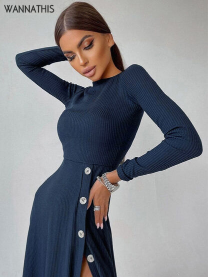 Купить Knitwear Midi Dress For Women Sexy Button O Neck Elegant Long Sleeve Bodycon High Split Chic Fall Paty Maxi Robe 2022