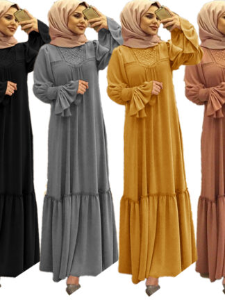 Купить Muslim Women Hijab Dress Solid Color Ruffle Petal Sleeve Maxi Long Dress Islamic Clothing Caftan Kimono Big Swing Abaya Dresses