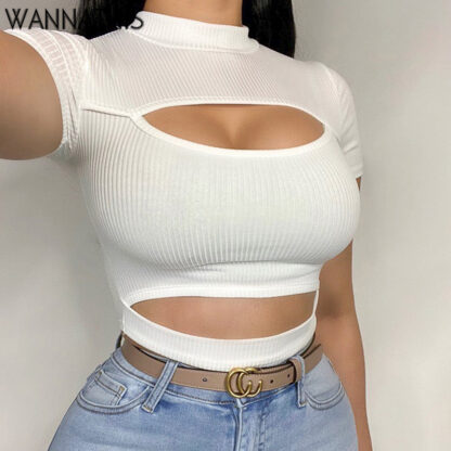 Купить Hollow Out Turtle-Neck Short Sleeve Crop Top Women Casual Cropped Shirts Women Summer 2022 Sexy Short Tee Solid Color
