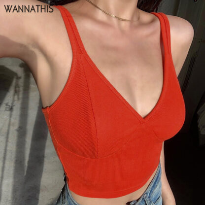 Купить Deep V-Neck Sleeveless Camisole Women Orange Slim Elastic Fashion Summer New 2022 Tank Tops Female Cropped Top Cotton