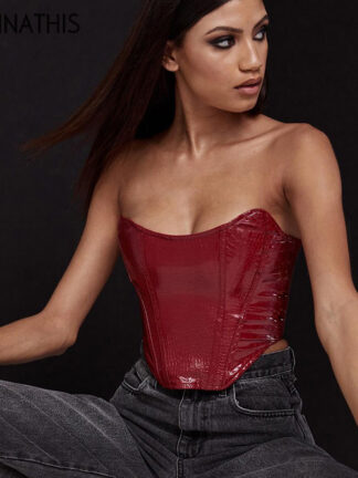 Купить Tank Top Leather Women Slim Strapless Sexy Tube Top Club Party Night Backless Red Ladies Top Ruched Backless Crop Tops