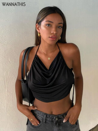 Купить Sexy Women Halter Crop Top Fold Backless Lace Up Summer Slim Streetwear Fashion Sleeveless Casual Black Chic Cami 2022