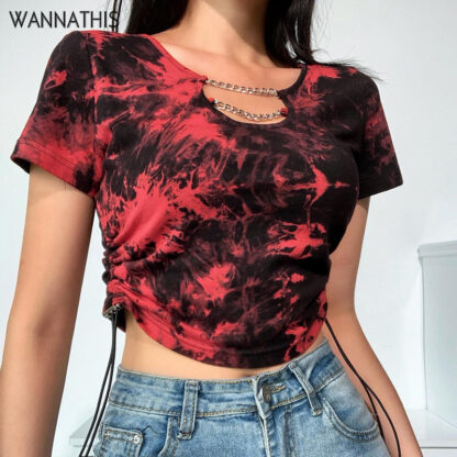 Купить O-Neck Short Sleeve Hollow Out Crop Top Women Side Ruched Slim Cropped Tee Elastic Drawstring Summer Tie-dye Color New