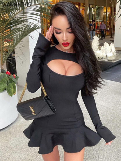 Купить Party Dress Ruffles Hollow Out Flare Sleeve Sexy Bodycon Zipper Elegant Clubwear Fall Chic Mini Dresses For Women 2022