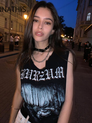 Купить Sleeveless Letter Print Women Black Tank Harajuku O-Neck Casual Tops Women Tee 2022Summer Gothic Streetwear Printing