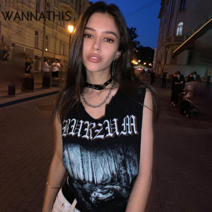 Купить Sleeveless Letter Print Women Black Tank Harajuku O-Neck Casual Tops Women Tee 2022Summer Gothic Streetwear Printing