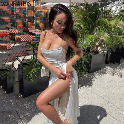 Купить Wanna This White Midi Calf Dress For Woman V-Neck Sleeveless Cami Criss Side Split Elegant Sexy Wrap Clubwear Fashion Dress 2022
