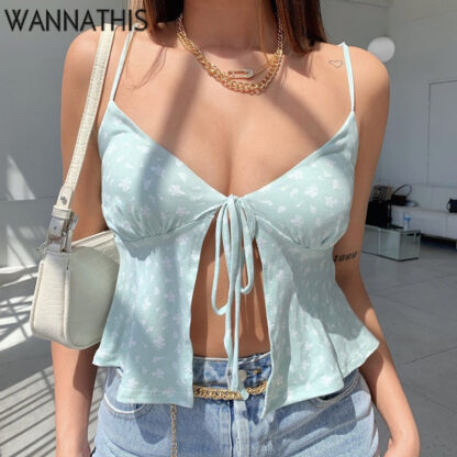 Купить Lace Floral Print Bow Cami Sleeveless Sexy Crop Tops Female V-Neck Backless Summer Casual Vacation Short Women Clothes