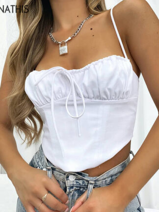 Купить Camisole Women White Sleeveless Backless Lace up Slash Neck Spaghetti Strap Summer Top Sexy Crop Top Ruched Stretchy