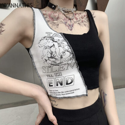 Купить Summer V-neck Sleeveless Front Lettr Print Black White Splice Tank Tops Women Slim Sexy Casual Knitted Women Crop Tops