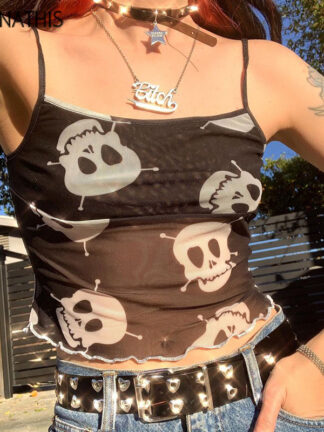 Купить Skull Print Camis Women Black Mesh Crop Top Women Summer Black Transparent See-through Sexy Tank Top Sleeveless Strap
