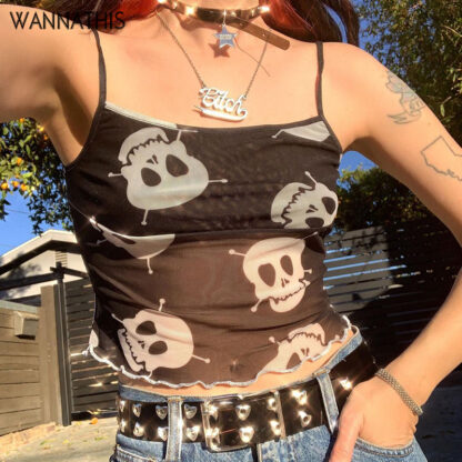 Купить Skull Print Camis Women Black Mesh Crop Top Women Summer Black Transparent See-through Sexy Tank Top Sleeveless Strap