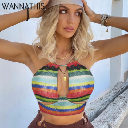 Купить Knit Y2K Rainbow Stripe V-Neck Lace Up Kawaii Sleeveless Halter Women Sexy Backless Summer 2022Tops Female Cropped Top