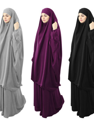 Купить Eid Muslim 2 Piece Set Women Long Khimar Paryer Garment Dubai Abaya Dress Hooded Islamic Clothing Kaftan Jilbab Djellaba Niqab