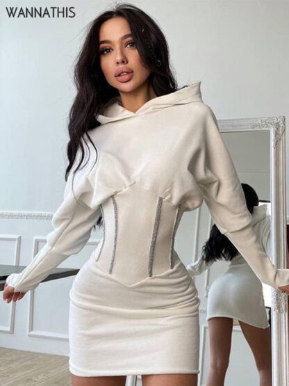 Купить Corset Mini Dress With Hat Long Sleeve Women Bodycon Casual Fashion White Autumn Ladies Elegant Sexy Dresses 2022 New