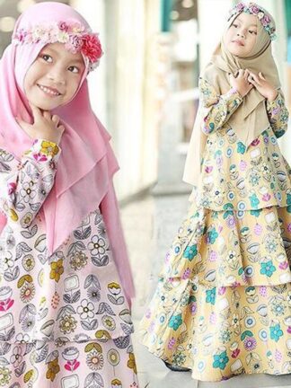 Купить Muslim Girls Cake Dress 2 Piece Sets Islamic Clothes Hijab Abaya Children Niqab Burqa Kids Print Flower Kaftan Jilbab Party Gown