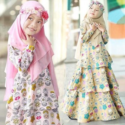 Купить Muslim Girls Cake Dress 2 Piece Sets Islamic Clothes Hijab Abaya Children Niqab Burqa Kids Print Flower Kaftan Jilbab Party Gown