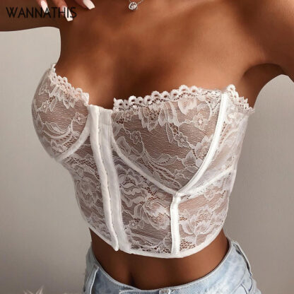 Купить Sleeveless Strapless Crop Top Women Lace Sexy Tank Tops Patchwork Fashion Summer Elegant Casual Streetwear White Black