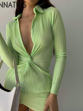 Купить Summer Long Sleeve Dress For Women CottonTurn-Down Neck Twist Green Mini Sexy Office wear Dresses For Girl Casual 2022