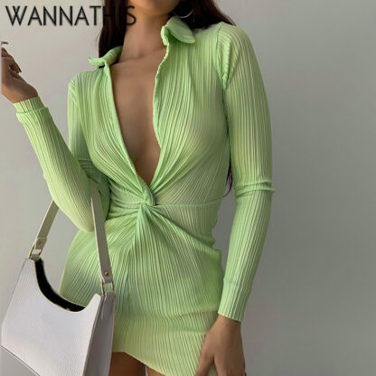 Купить Summer Long Sleeve Dress For Women CottonTurn-Down Neck Twist Green Mini Sexy Office wear Dresses For Girl Casual 2022