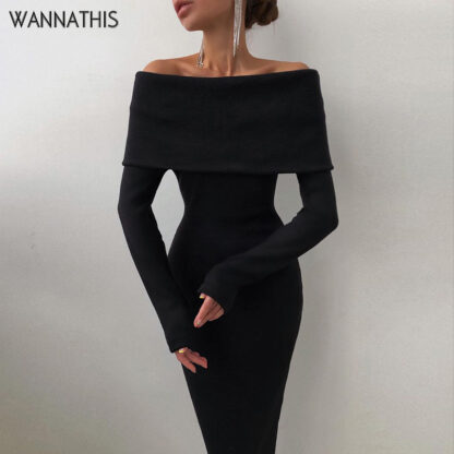 Купить Mid Dress Women Off Shoulder Long Sleeve Skinny Solid Color Elegant Dress Women Casual Autumn 2022 Cotton Basic Simple