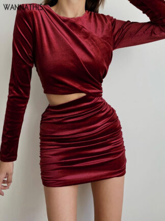 Купить Velvet Bodycon Mini Dress Ruched Sexy Hollow Out Shrug Waist Women Long Sleeve O Neck Red Dresses For Woman Fall 2022
