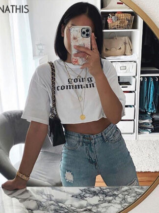 Купить O-Neck Short Sleeve Front Print White Cropped T-Shirt Loose Short Women Fashion Summer New Streetwear Women Casual Tee