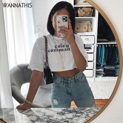 Купить O-Neck Short Sleeve Front Print White Cropped T-Shirt Loose Short Women Fashion Summer New Streetwear Women Casual Tee