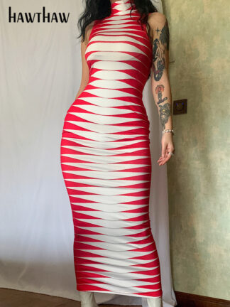 Купить Hawthaw Women Fashion Sleeveless Striped Printed Bodycon Pencil Red Long Dress Streetwear 2022 Summer Clothes Wholesale Items