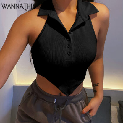 Купить Button Backless Women Cropped Tops Sleeveless Casual Women Summer 2022 Solid Color Top Turn Down-Neck Halter Tank Top
