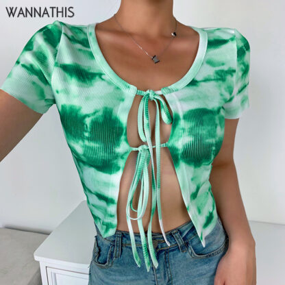 Купить Short Sleeve Tie-dye Crop Top Women Front Bandage Sexy Hollow Out Lace up Tank Top O-Neck Lace up Cropped Shirts New