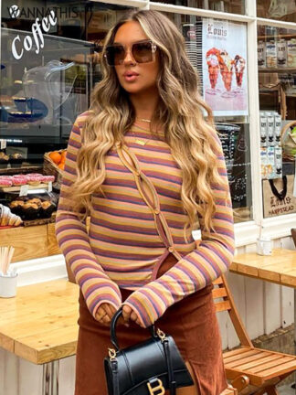 Купить Stripe Print Cropped Top Woman Y2K Hollow Out Button Skinny Korean Fashion Casual Sexy Long Sleeve 2022 Autumn T-Shirt