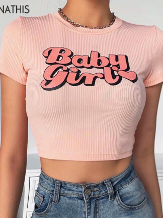 Купить Short Sleeve Letter Print Cropped Shirts Women Slim Elastic Pink Fashion Summer Casual Crop Tops Women Short Tee New
