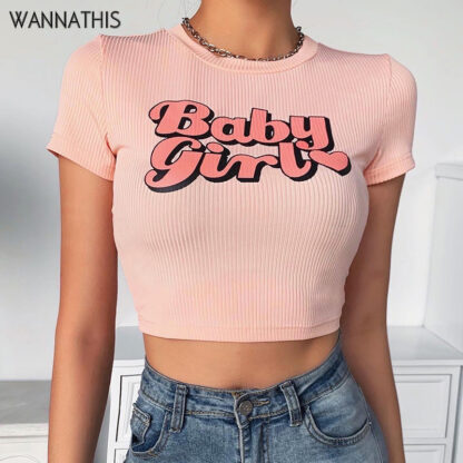 Купить Short Sleeve Letter Print Cropped Shirts Women Slim Elastic Pink Fashion Summer Casual Crop Tops Women Short Tee New