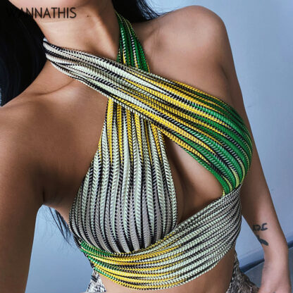 Купить Y2K Stripe Backless Tops For Women Hollow Out Halter Sleeveless Summer See Through Chic Sexy Casual Cropped Tops 2022