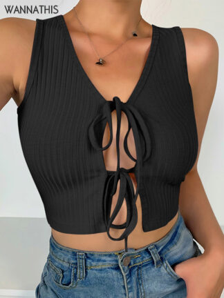 Купить Sleeveless Lace up V-Neck Crop Top Women Solid Ribbed Slim Black Summer Tank Fashion Streetwear Hollow Out Cropped Top