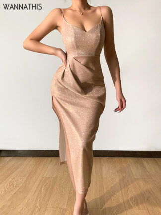 Купить Y2K Sequin Women High Split Midi Cami Dress Sleeveless Summer Bright Sexy Fashion Party Prom Female Clothing New Year