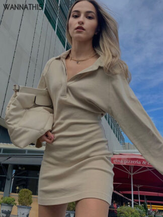 Купить Turn Down Collar Mini Dress For Women Long Sleeve Button Sexy Collar Autumn Office Lady Casual Fashion Dress 2022 New