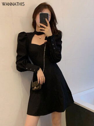 Купить Elegant Women Mini A Line Dress Black Hollow Out Shrug Vintage Puff Sleeve Spring Fashion Sexy Party Prom Kawaii 2022