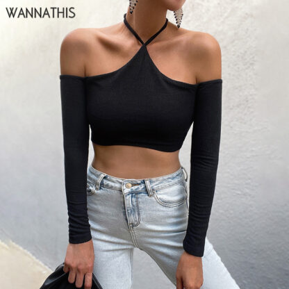 Купить Knite Off Shoulder T-Shirts Long Sleeve Halter Casual Crop Top Women&amp#39s Chic Sexy Fashion Casual Cropped Tees Wholesale