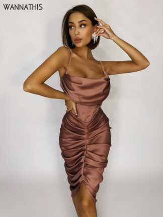 Купить Elegant Woman Cami Midi Dresses Folds Slit Nightclub Bodycon Sexy Party Prom Streetwear Wedding Female Clothing Trends